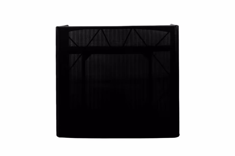 Black DJ booth cover with a square frame structure and fabric front.