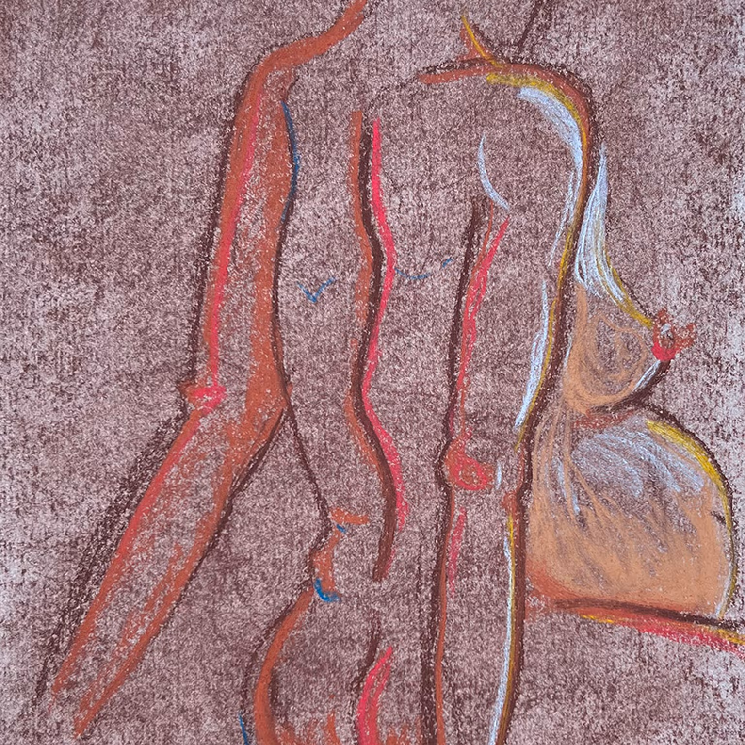 Abstract pastel drawing of a nude female figure in warm earth tones on a textured brown background.