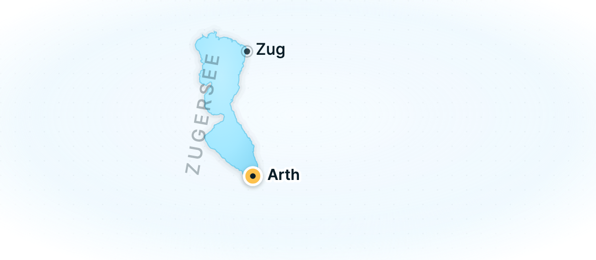 Karte des Zugersees mit den markierten Orten Zug und Arth in der Schweiz.