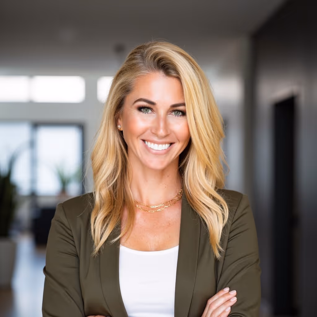 Smiling blonde woman with wavy hair wearing an olive blazer and white top, standing with arms crossed indoors.