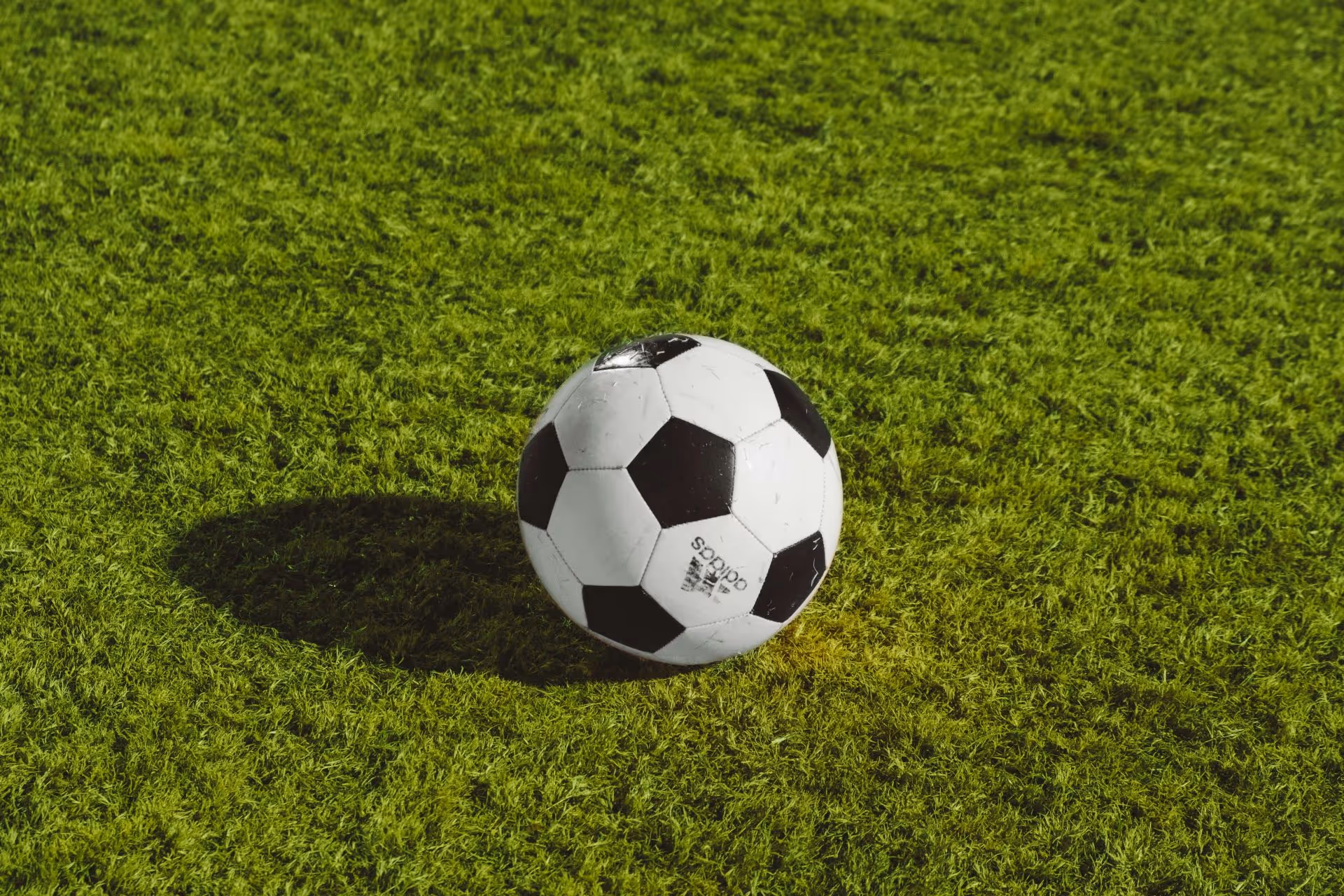 Black and white soccer ball on green grass casting a shadow.