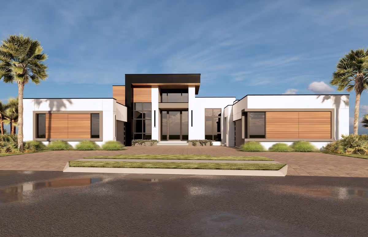 Modern single-story house with white walls, wooden accents, large windows, palm trees, and a paved front driveway.