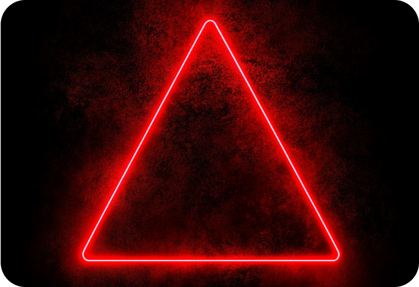 Glowing red neon triangle with rounded corners against a dark textured background.