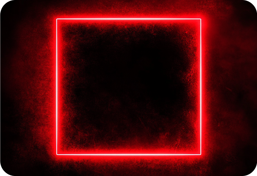 Glowing red neon square frame against a dark smoky textured background.