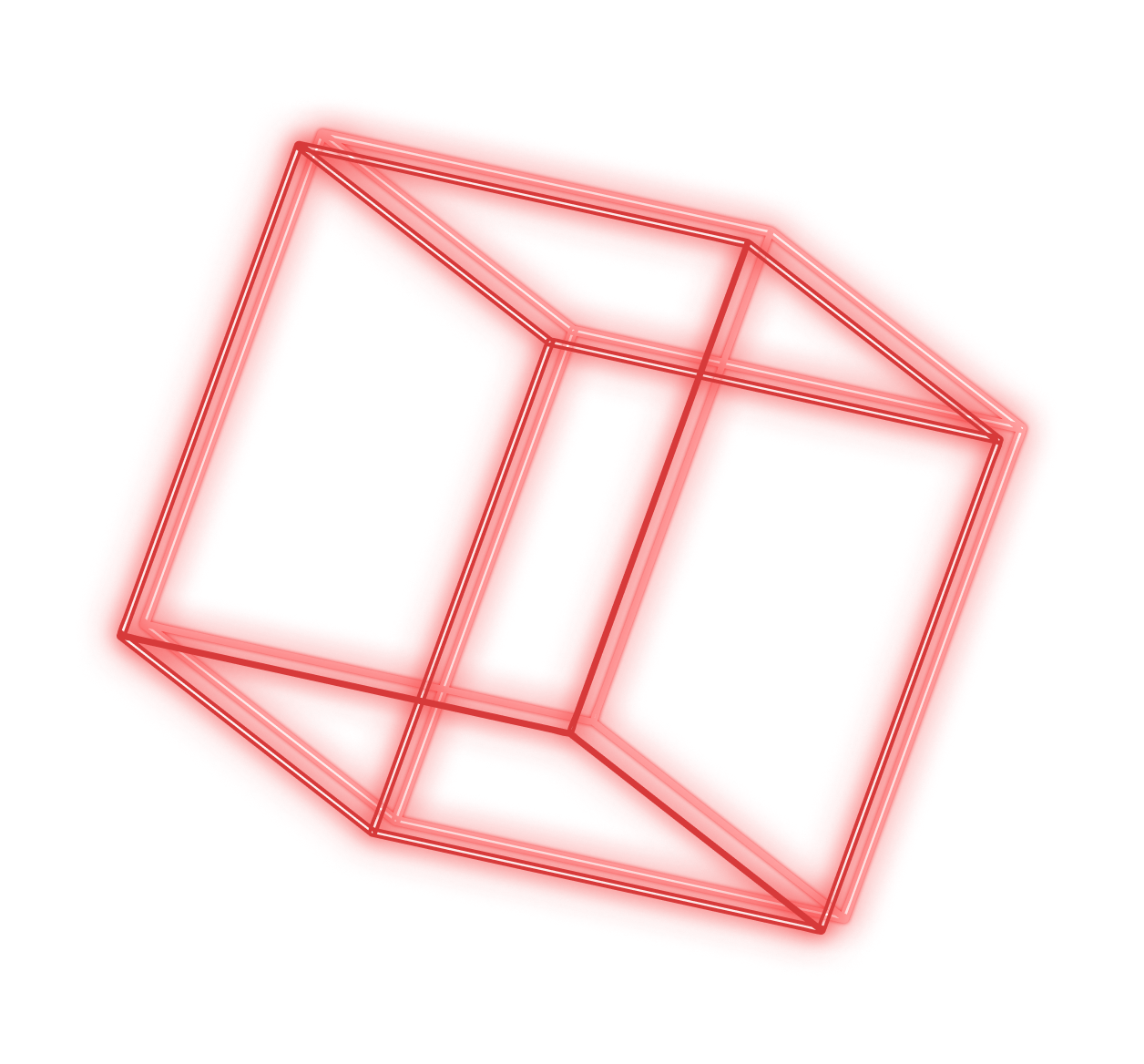 Red glowing wireframe of a three-dimensional hollow cube tilted diagonally.