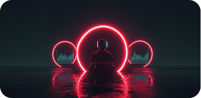 Silhouette of a person meditating cross-legged, surrounded by three glowing red neon circles with soundwave visuals inside them, reflected on a dark surface.
