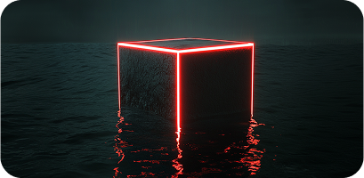 Dark cube floating on water with glowing red neon edges reflecting on the surface.