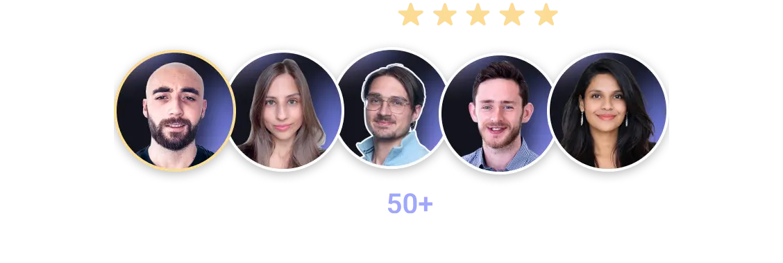 Five diverse people in circles with 4.9/5 star rating text above and trusted by 50+ brands below.
