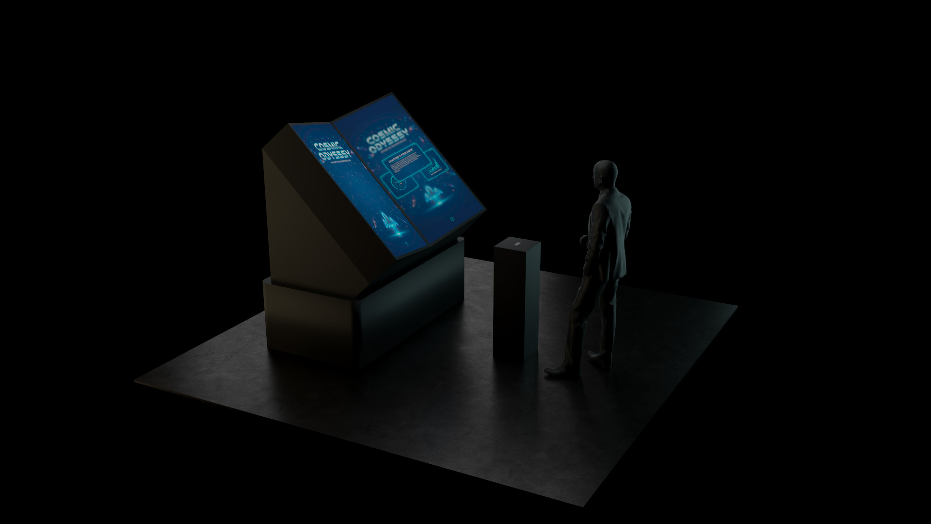 A man stands at a podium using a Leap Motion device to control interactive content on two large vertical screens arranged in the shape of an open book.