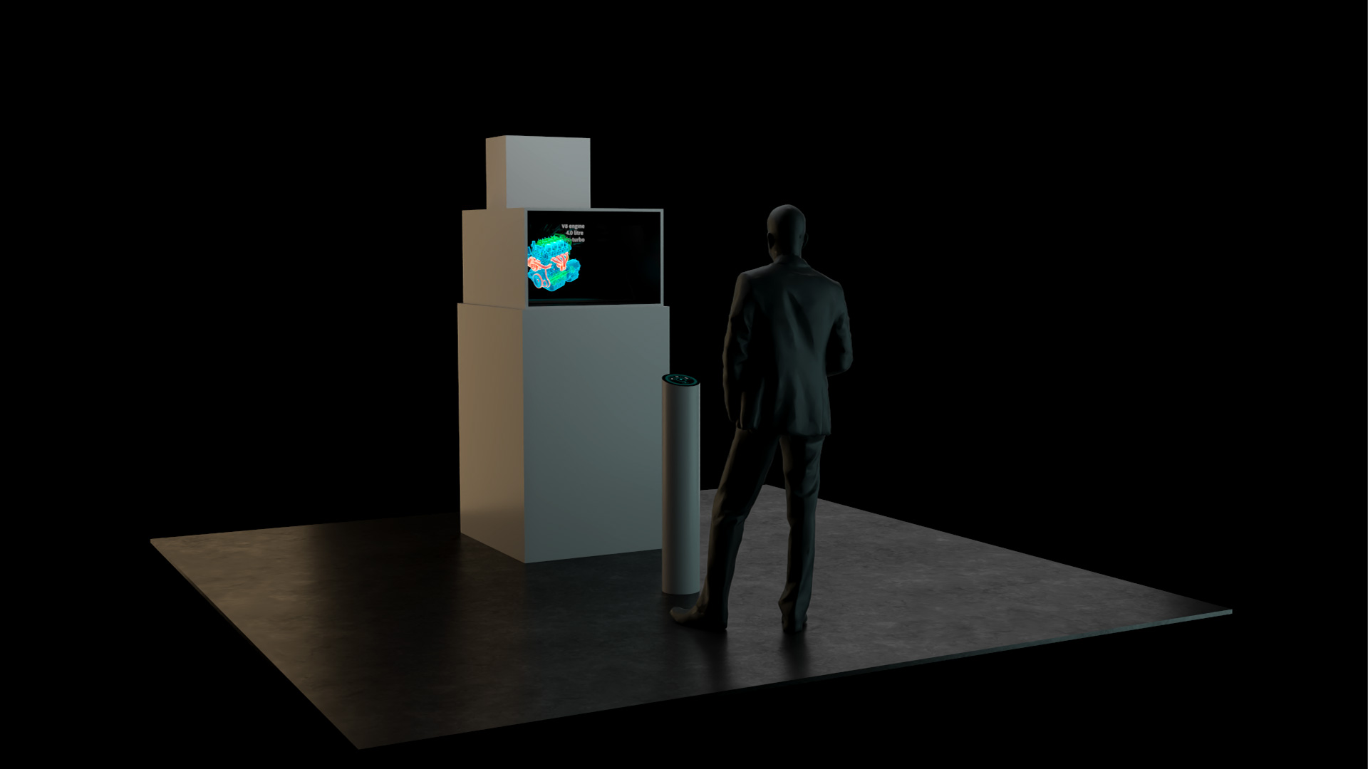 A man standing infront of the round touchscreen that controls content on the hologram right behind interactive round touchscreen