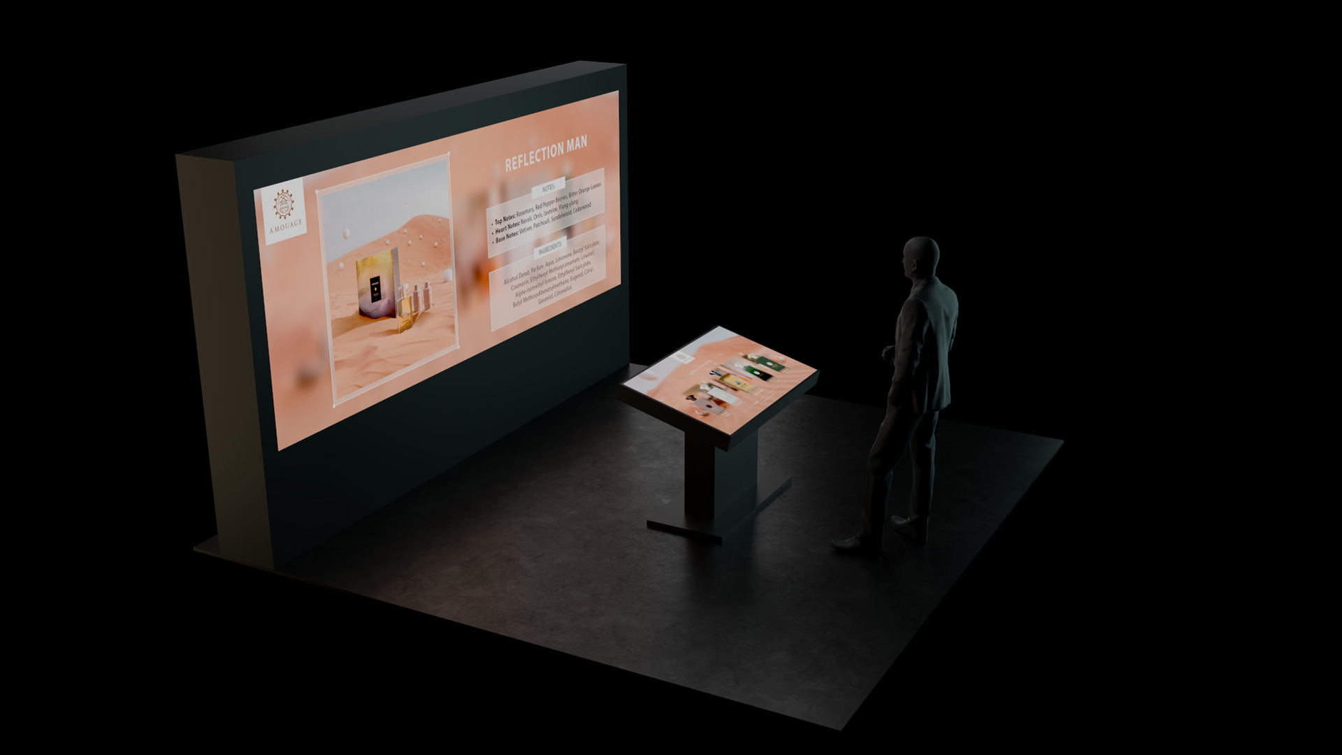 A man standing infront of angled touchscreen table and LED wall