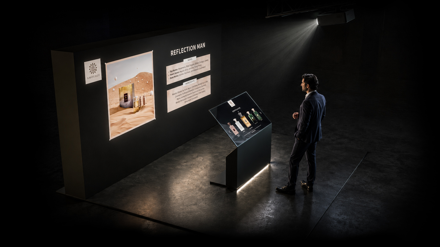A man standing right infront of transperent touchscreen and the wall with the content projected on it.