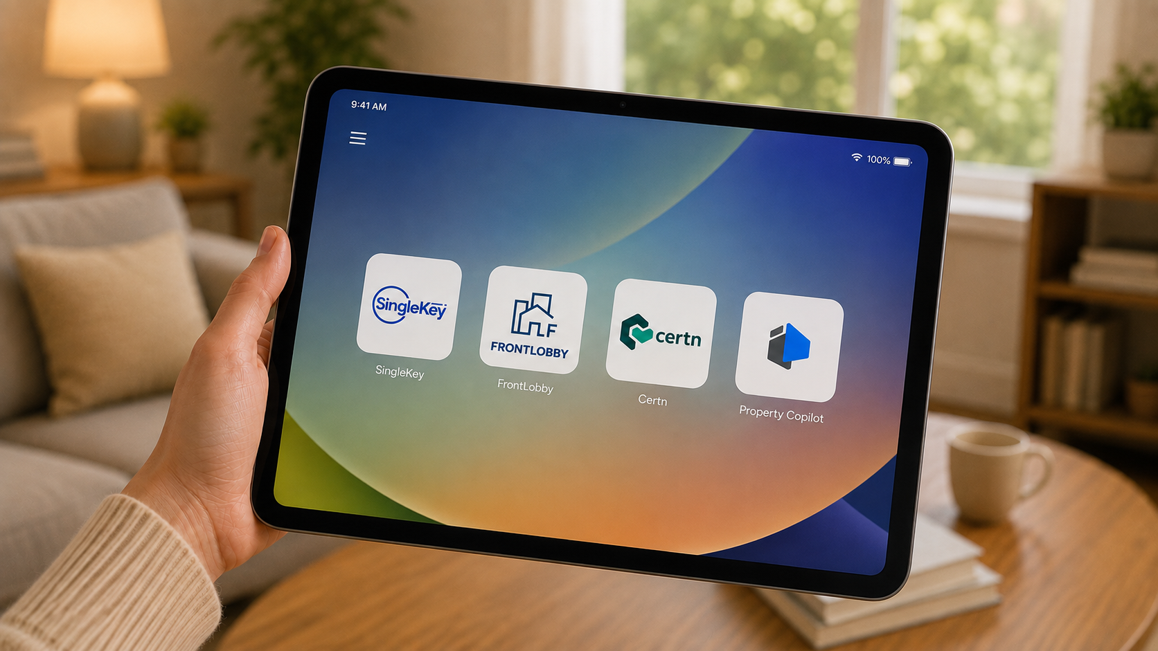 A tablet showing the app icons for SingleKey, FrontLobby, Certn and Property Copilot side by side