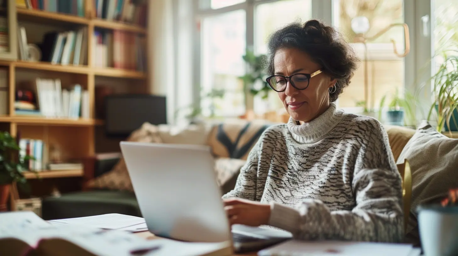 Berufstätige Person informiert sich am Laptop über Pflegezeit, Pflegeleistungen und gesetzliche Ansprüche.