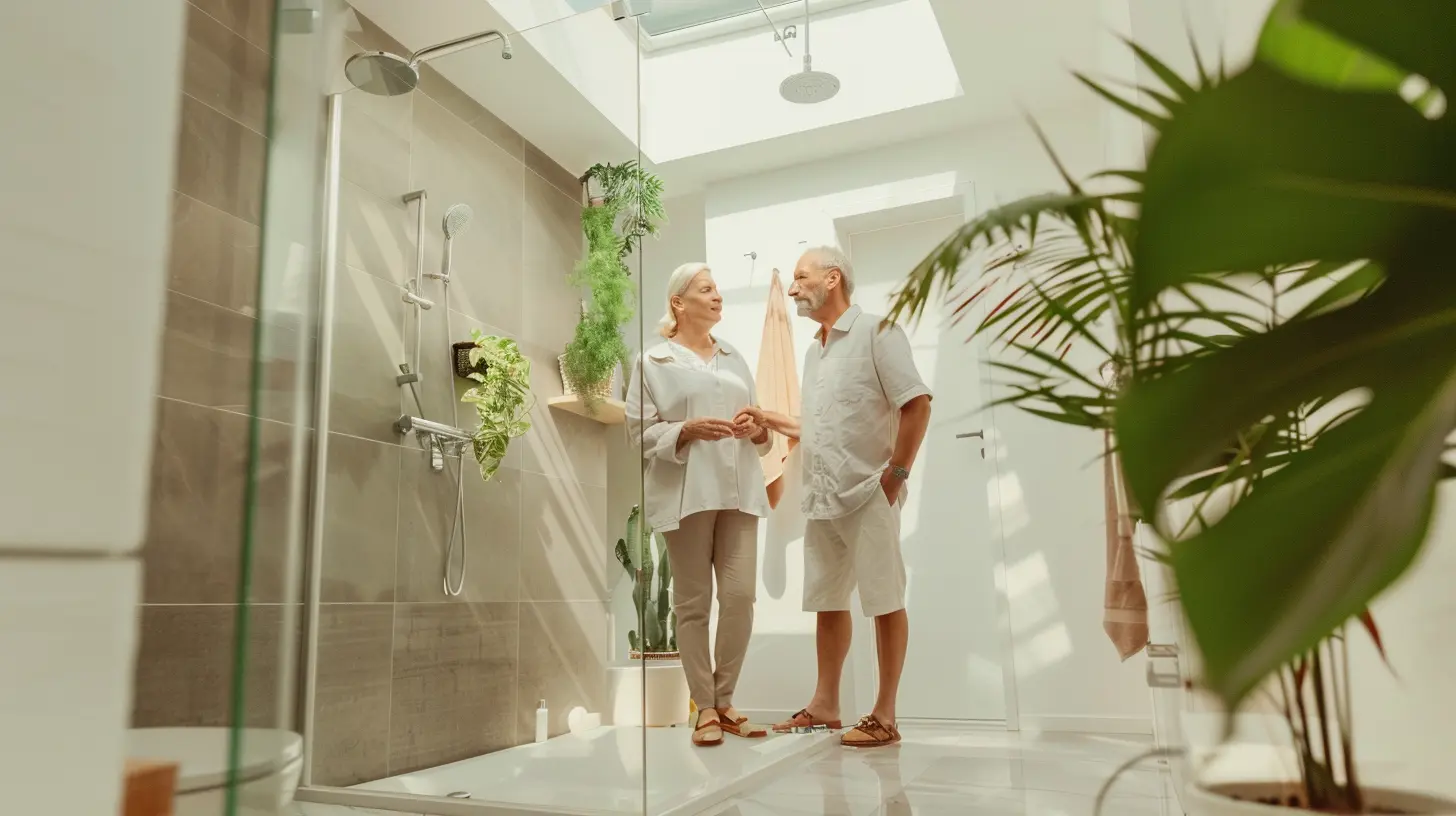 Ältere Person nutzt Gehhilfe in heller, barrierefreier Wohnung zur sicheren Mobilität im Alltag.