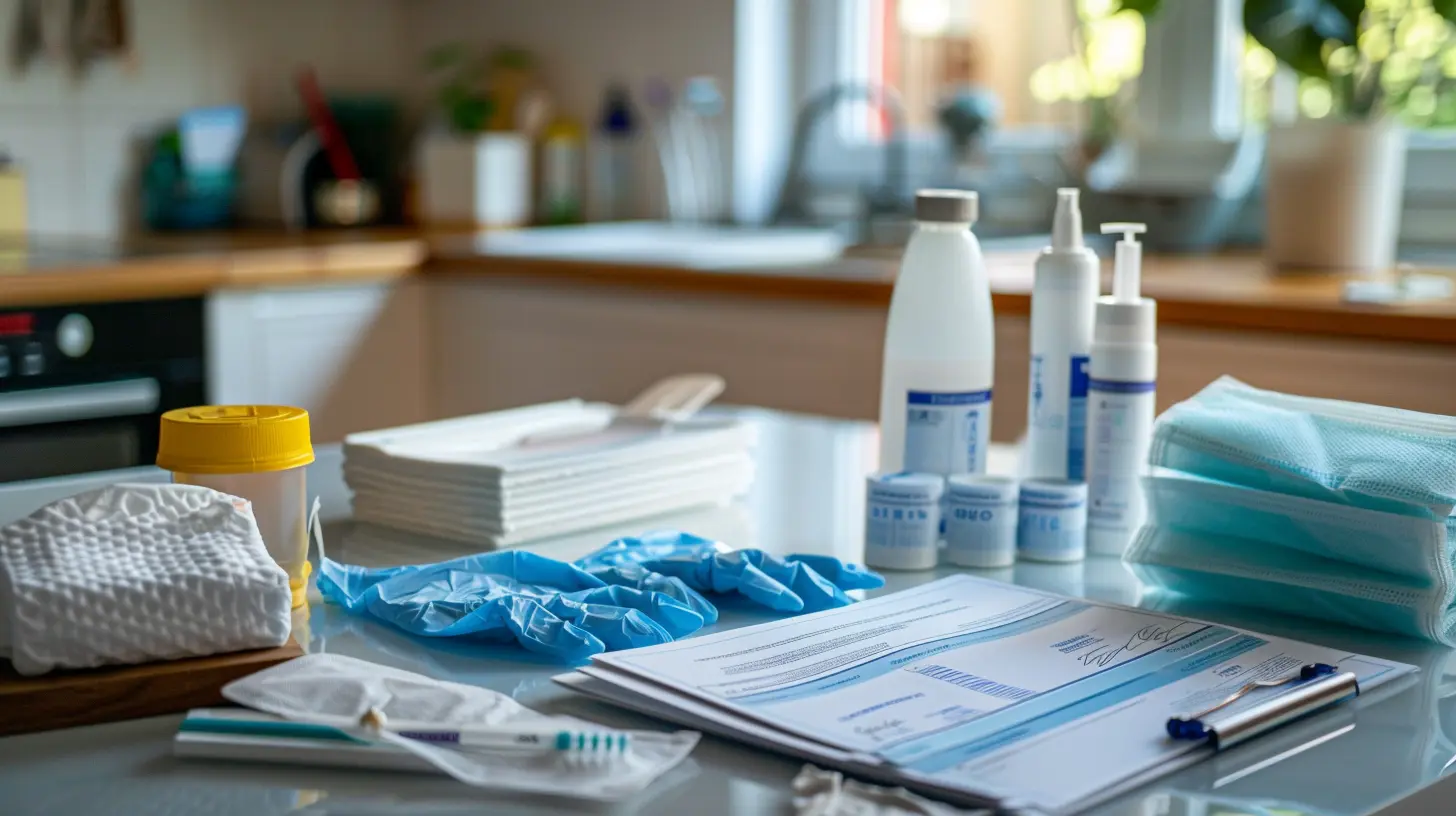 Pflegehilfsmittel zum Verbrauch wie Handschuhe, Desinfektionsmittel und Bettschutzeinlagen auf Tisch ausgelegt.