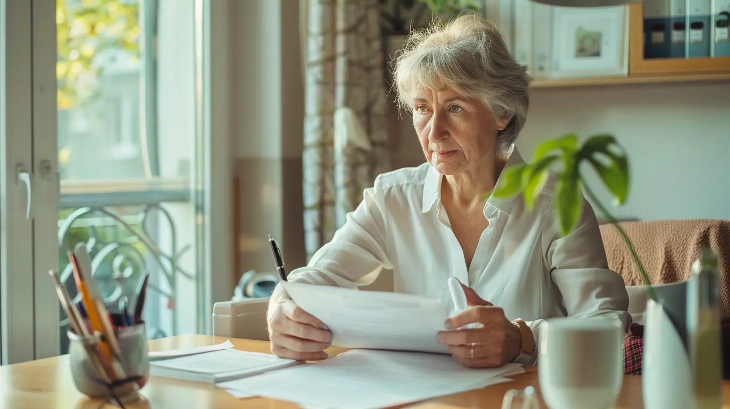 Ältere Frau informiert sich am Esstisch über Pflegeleistungen, Pflegegrad und finanzielle Unterstützung.