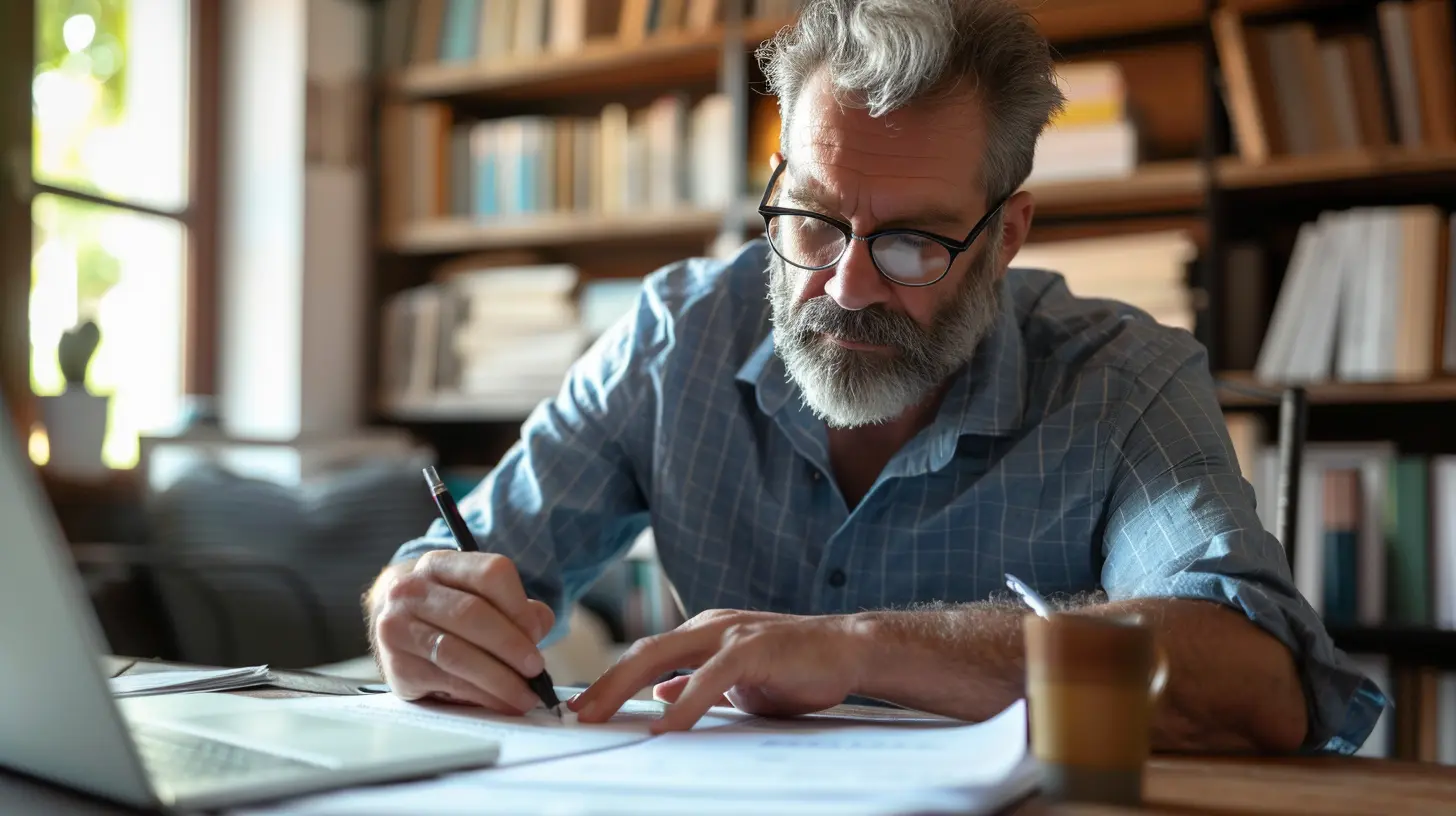 Mann füllt Antrag zur Pflegegrad-Einstufung und Beantragung von Pflegeleistungen am Schreibtisch aus.