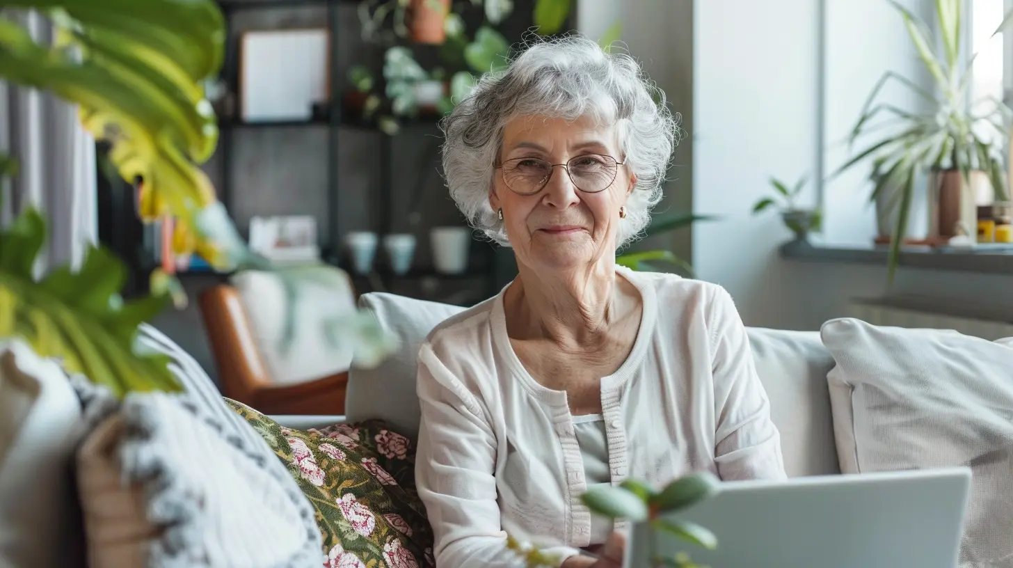 Ältere Frau liest Informationsunterlagen zu Pflegeleistungen und Unterstützung im eigenen Zuhause.