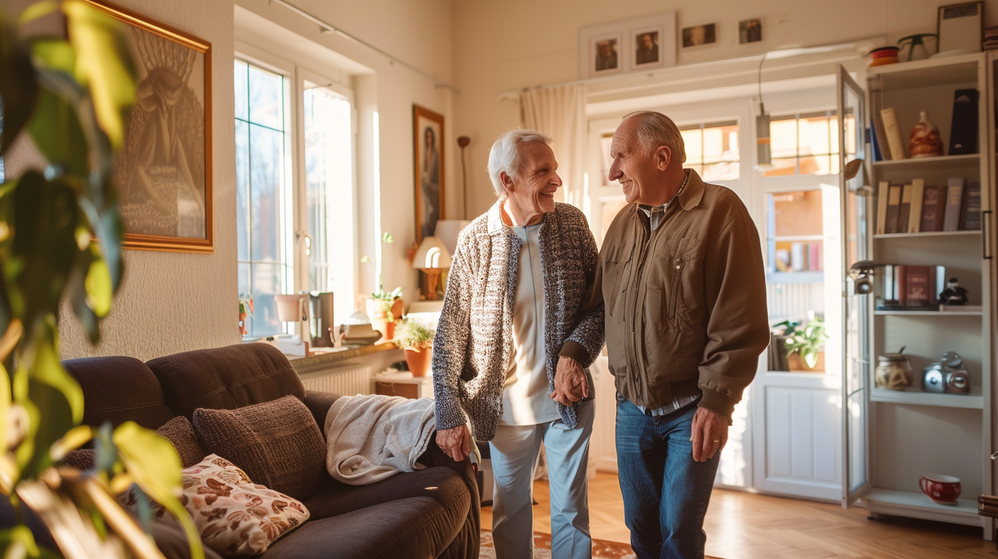 Angehöriger unterstützt ältere Person im Wohnzimmer bei der alltäglichen Pflege zu Hause.