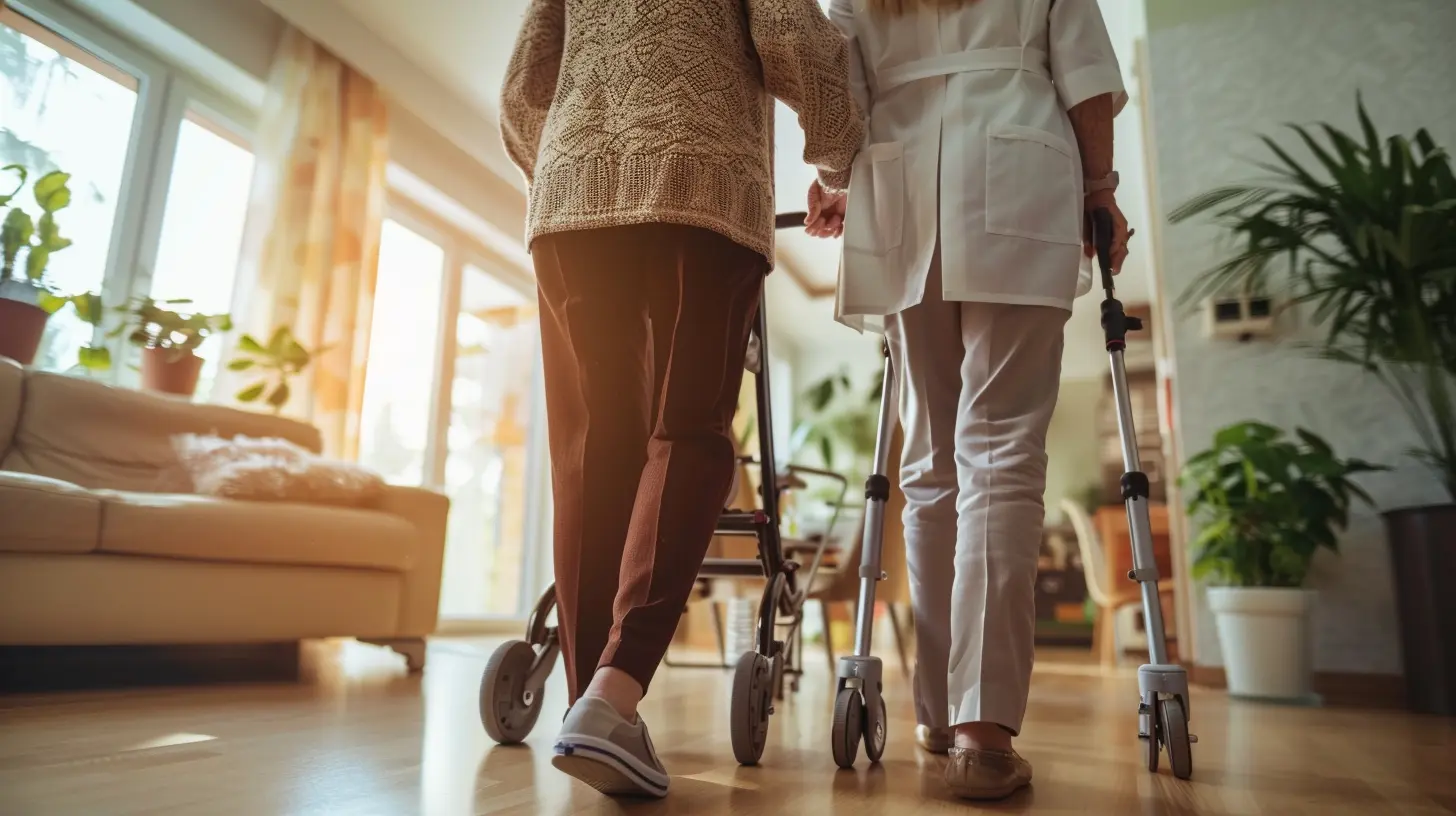 Pflegekraft unterstützt ältere Frau mit Gehhilfe beim sicheren Gehen im häuslichen Umfeld.