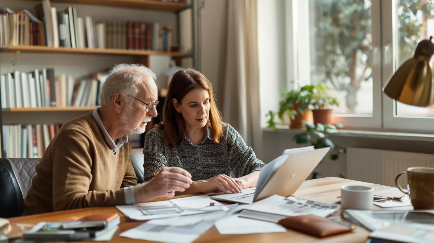 Ältere Frau informiert sich mit Tochter am Esstisch über Pflegeleistungen und Pflegegrad.