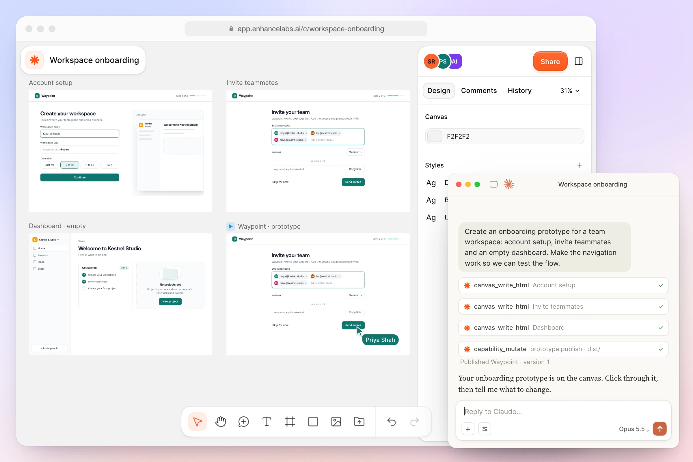 Claude turns a brief into an onboarding prototype on an Enhance canvas: account setup, invite teammates and dashboard screens beside the running prototype