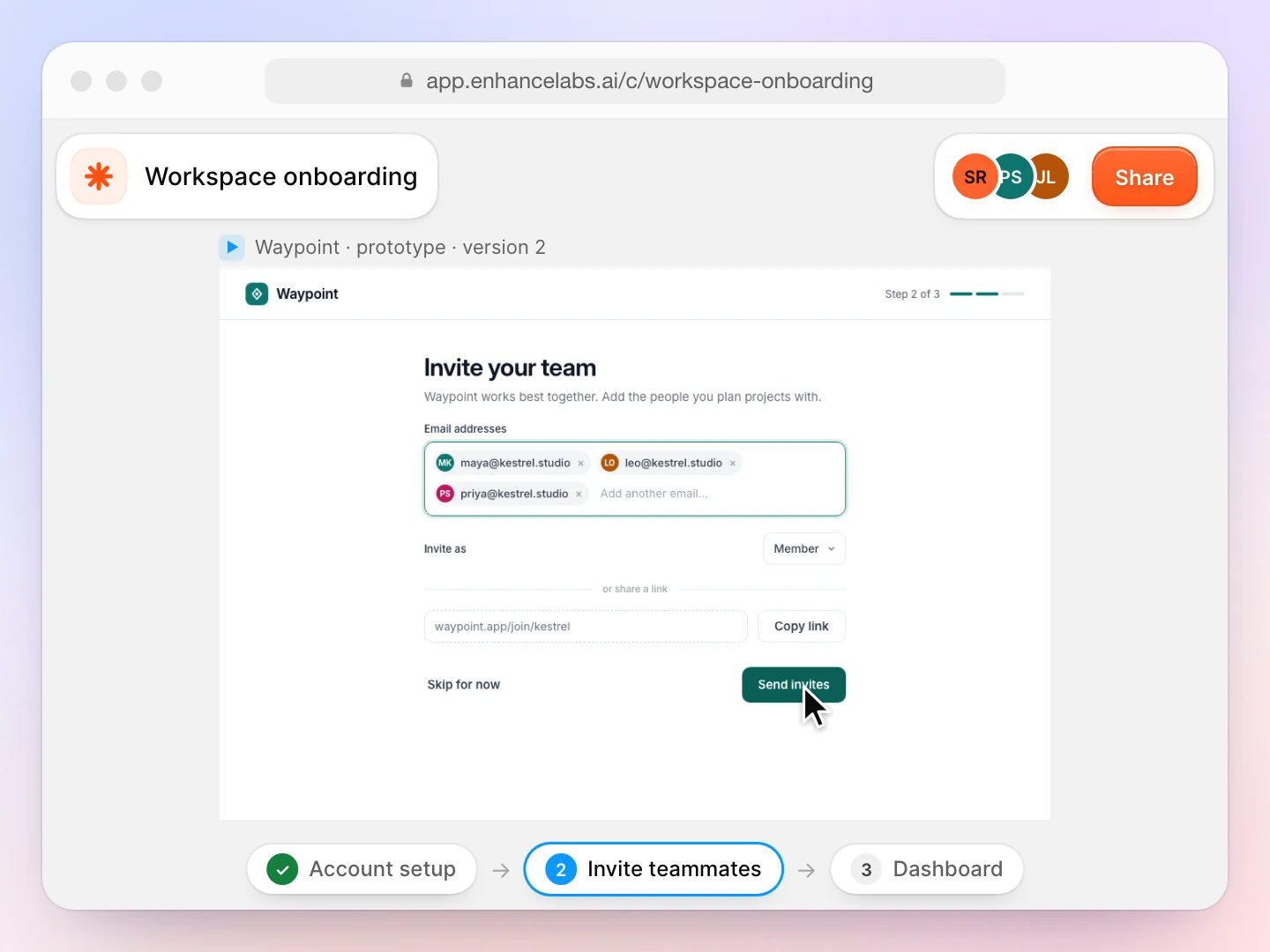 The published onboarding prototype running on an Enhance canvas, with Send invites being clicked on step 2 of the flow