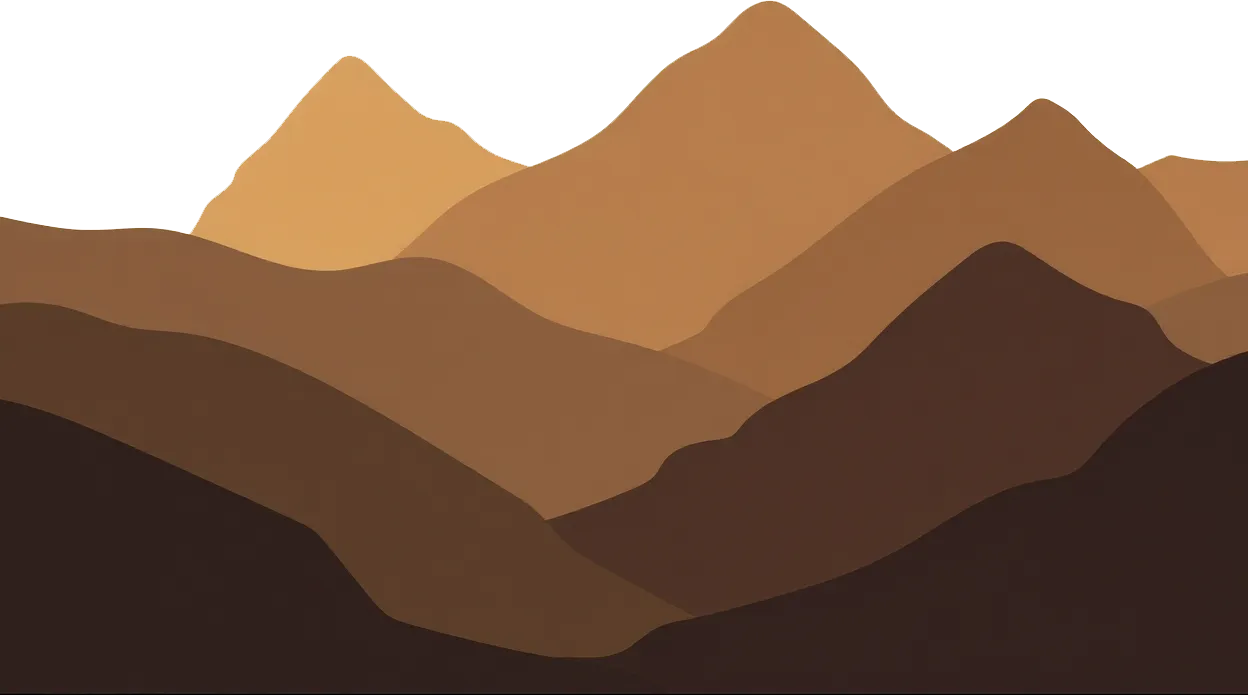 Abstraktes Bild von mehreren schichtweisen braunen Bergsilhouetten auf weißem Hintergrund.