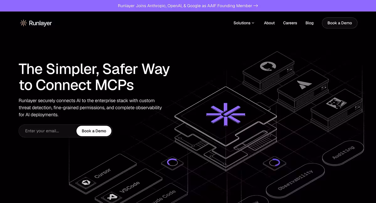 Runlayer homepage shows AI connection platform with a demo signup, icons for GitHub, Telegram, and code tools.