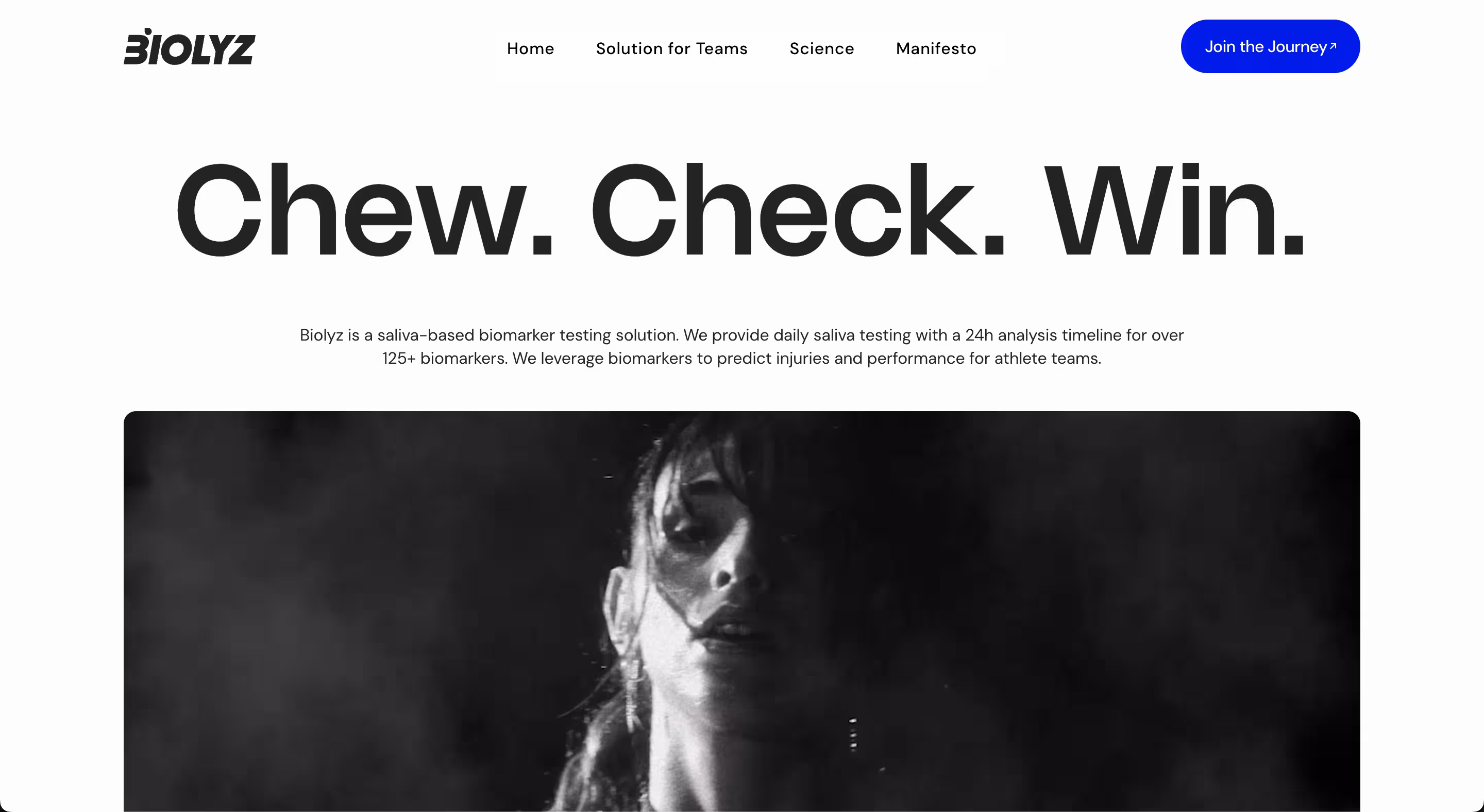 Biolyz homepage with tagline Chew. Check. Win. and info on saliva-based biomarker testing solution.