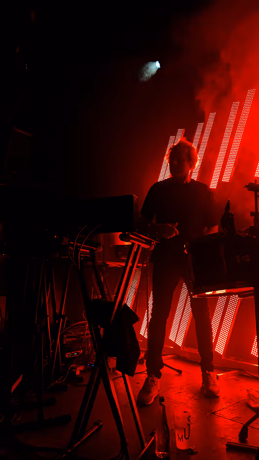Silhouette of a musician on stage with red LED lights and smoke effects behind them.