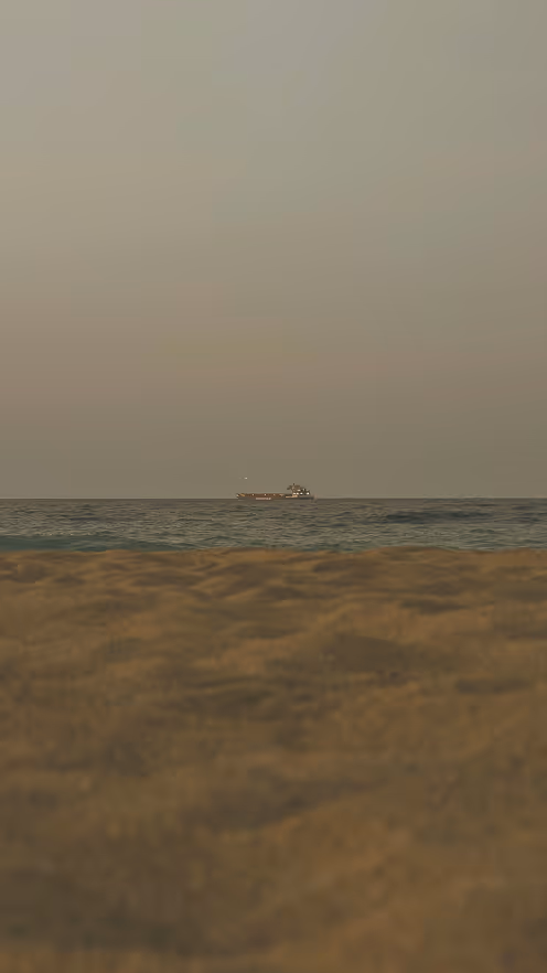 Cargo ship sailing on calm sea with sandy beach in foreground under gray sky.
