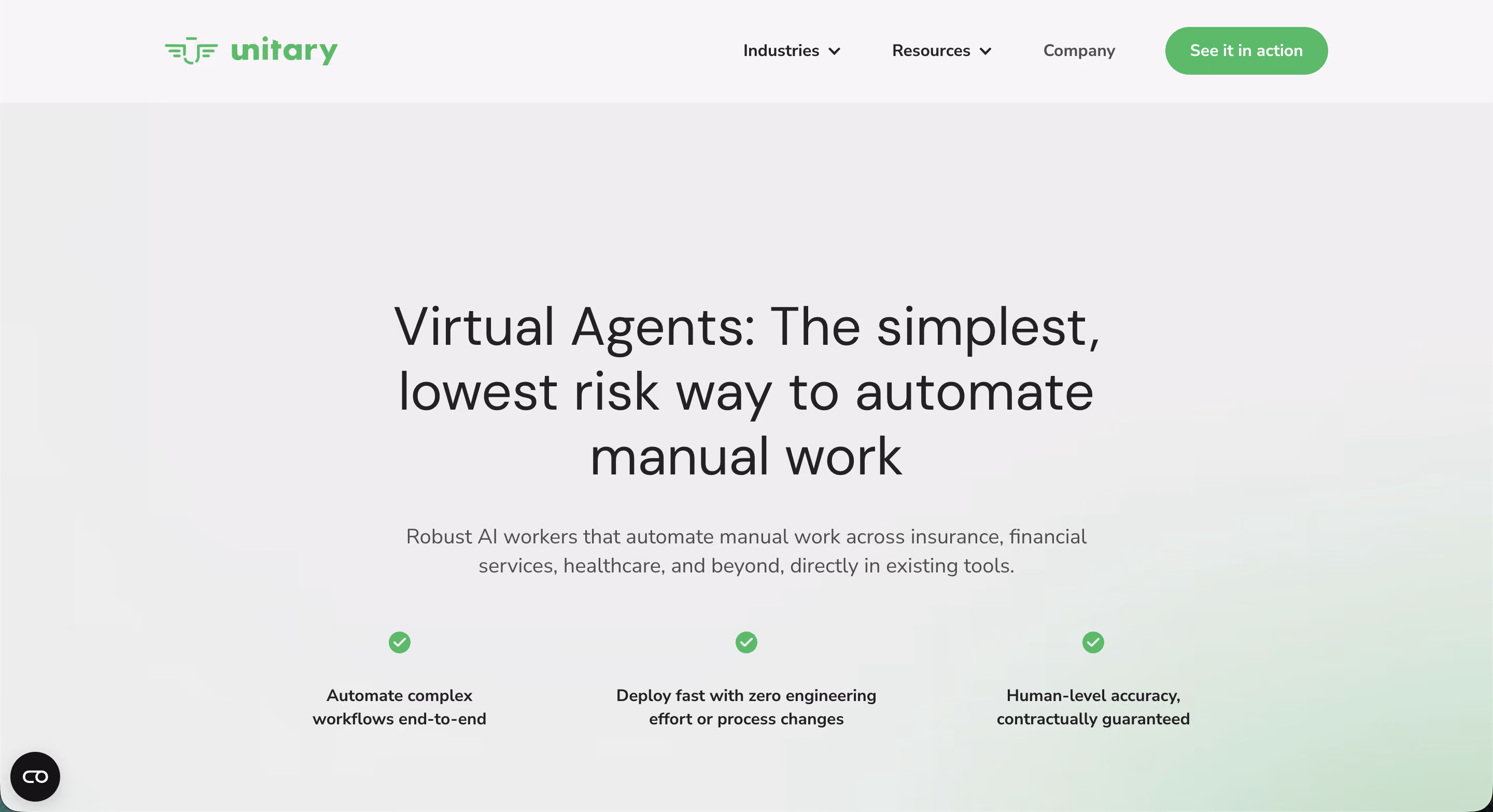 Unitary webpage showing virtual agents automate manual work with no engineering and human-level accuracy.