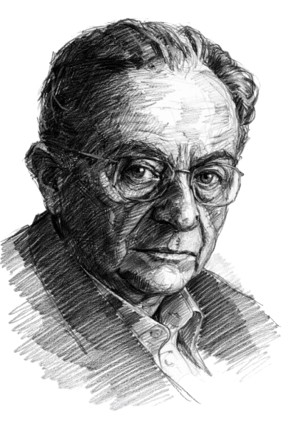 Black and white detailed pencil sketch portrait of an elderly man with glasses and receding hairline, wearing a collared shirt and jacket. The man´s name is Erich Fromm.