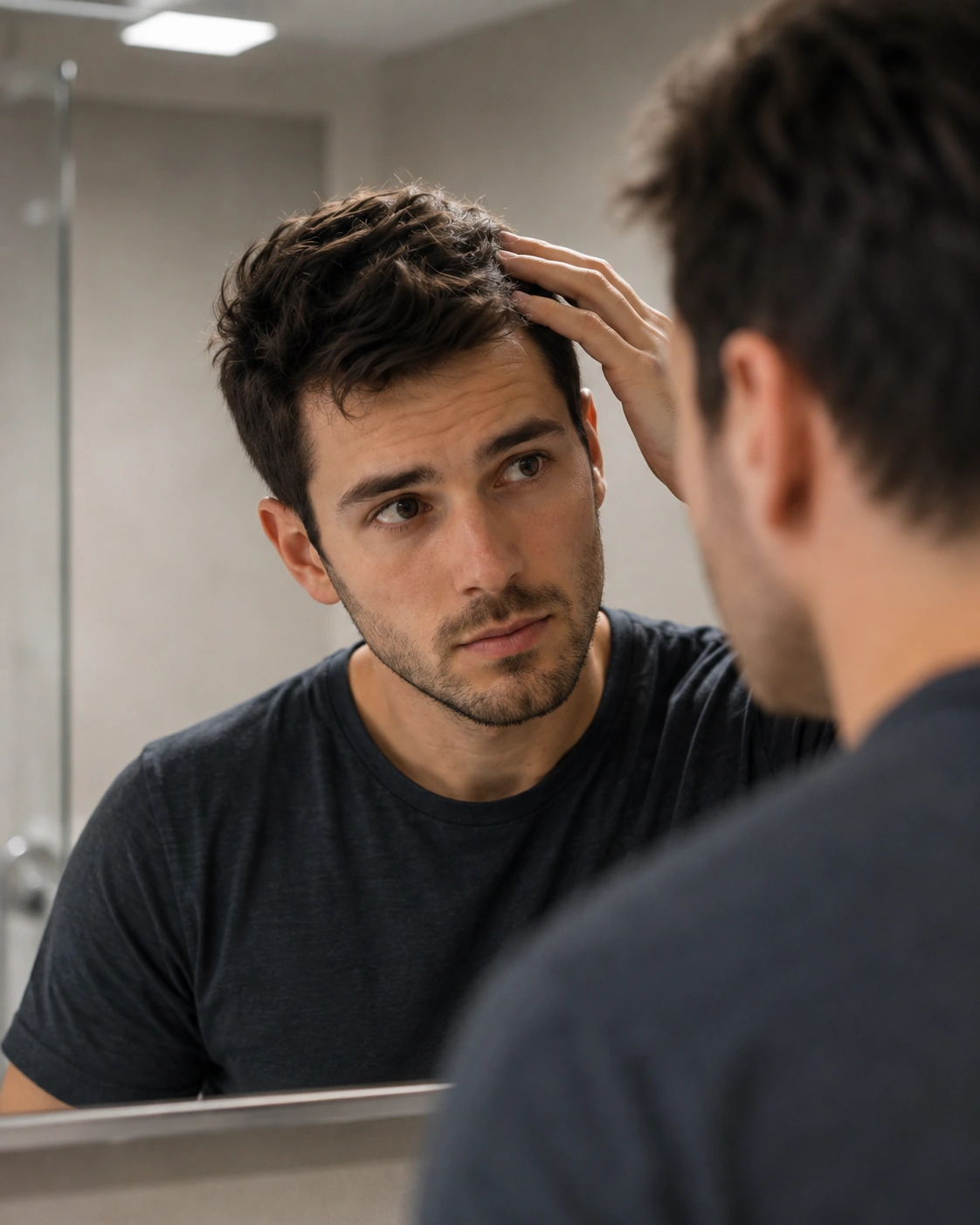 Man with hair loss looking in the mirror