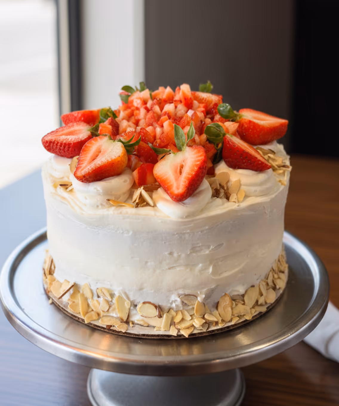 White frosted cake topped with halved and diced strawberries and decorated with almond slices around the base.