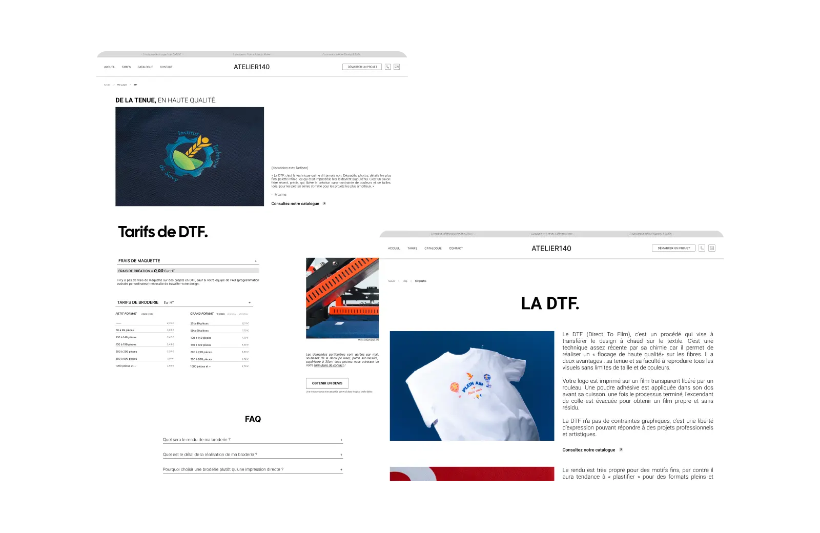 Aperçu du site d'Atelier140 : catalogue de sweats personnalisés, sur mobile et sur ordinateur