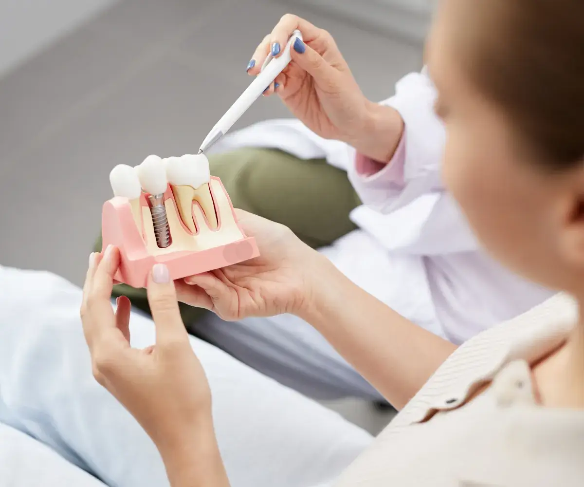 A woman holding a toothbrush and a model of a tooth.