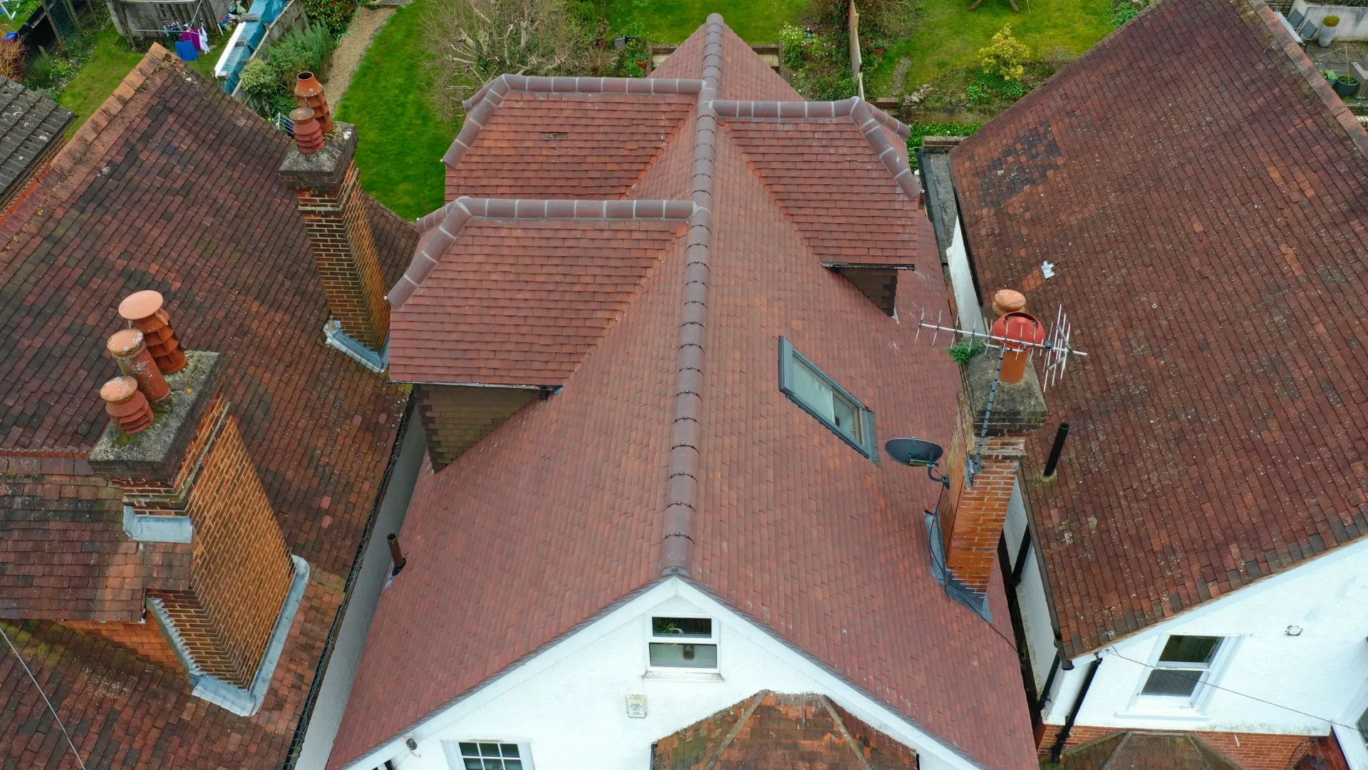 Drone view of a newly finished clay tiled roof