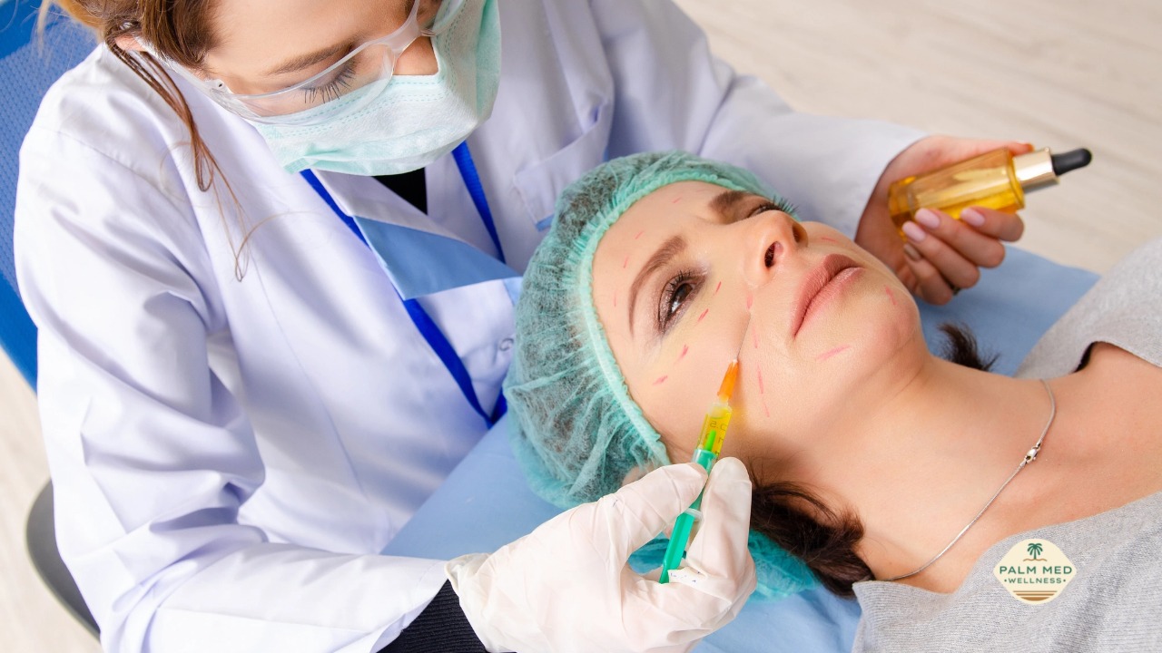 A doctor carefully applying a treatment to a woman's face in a well-lit medical office.