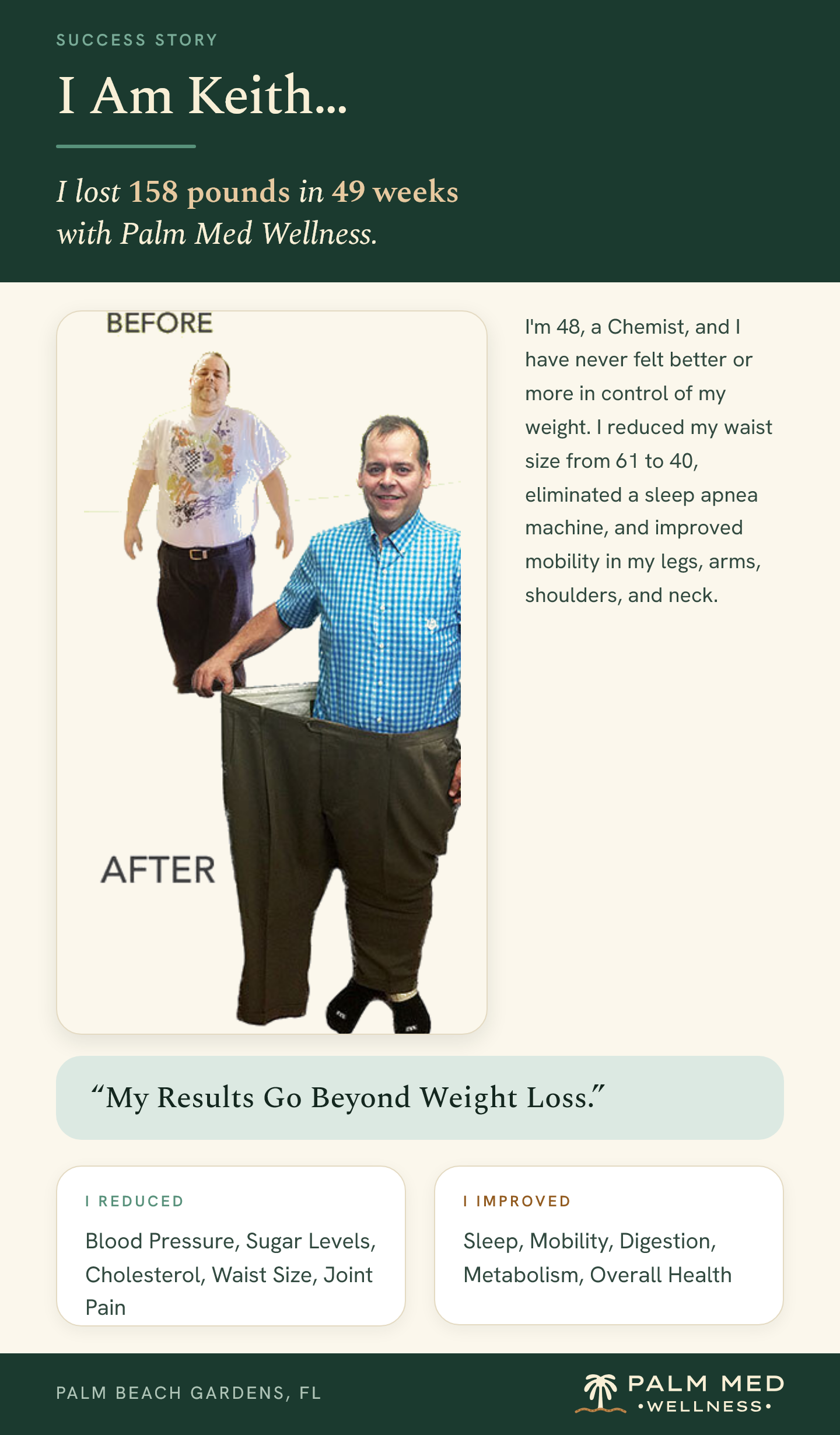 Keith, who stopped using his CPAP machine after losing 158 pounds at Palm Med Wellness