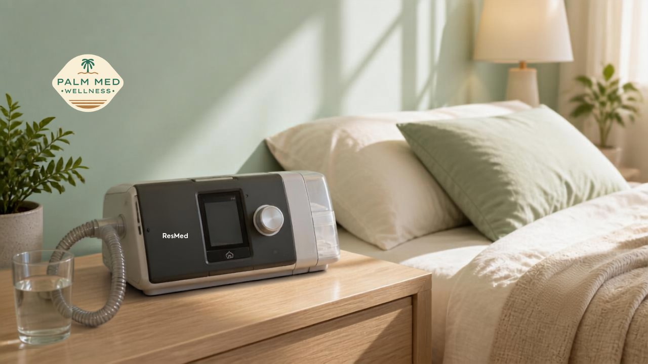 CPAP machine on a nightstand, morning light