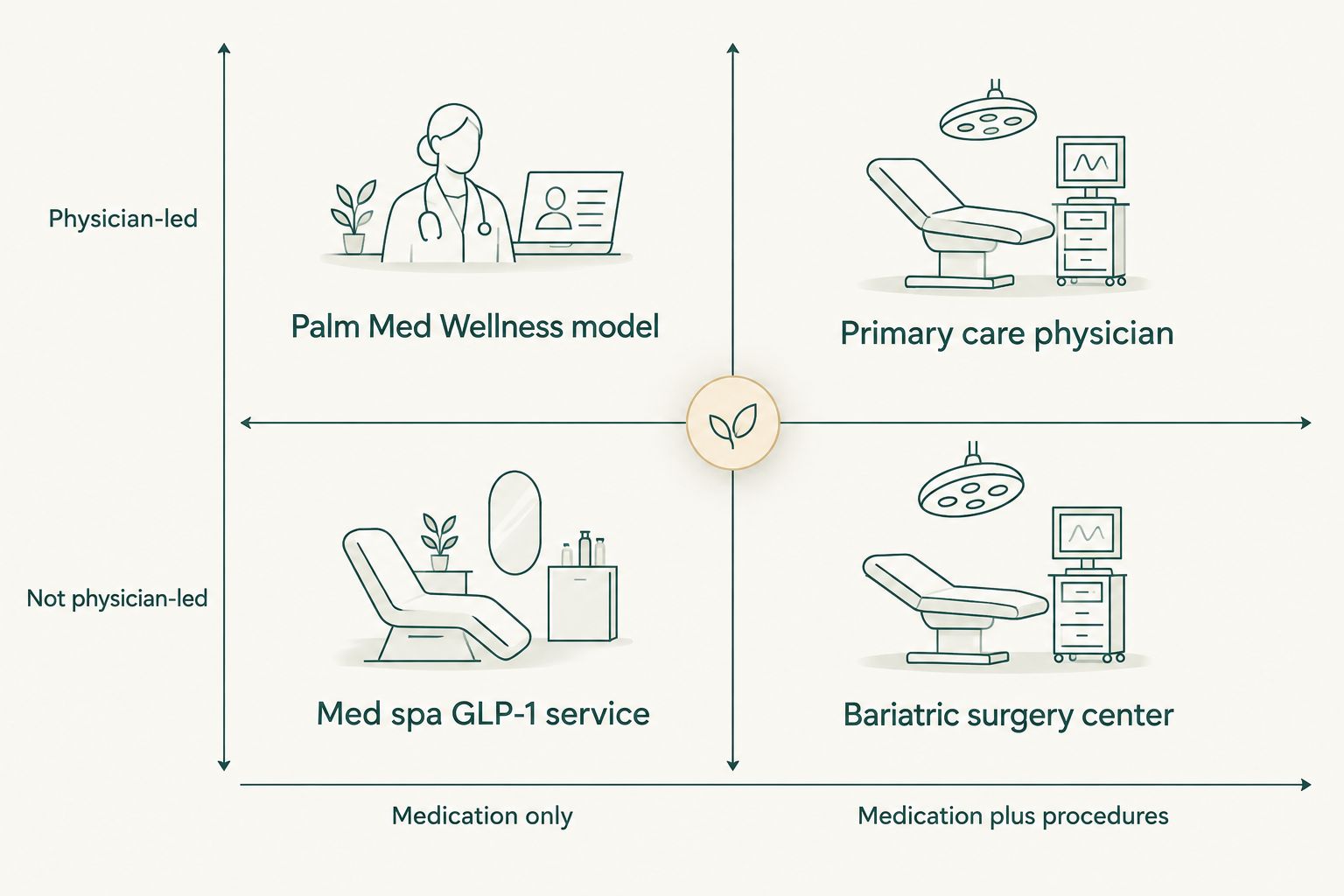 2x2 matrix comparing weight loss provider types by physician oversight and treatment options