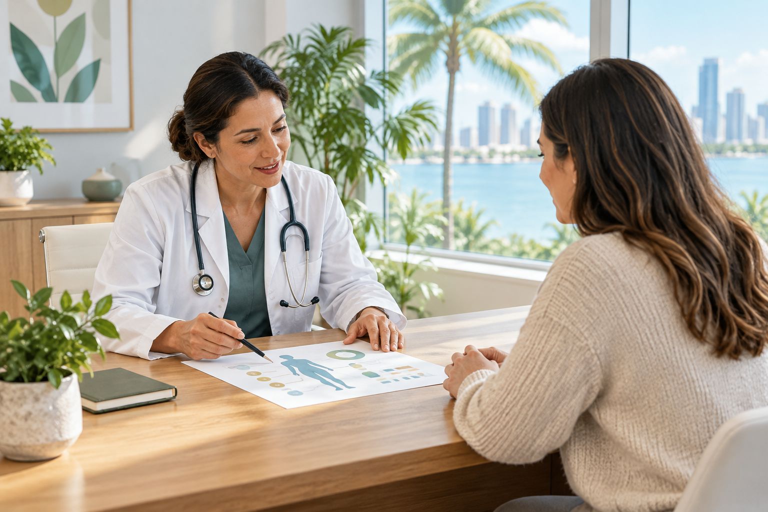 Physician reviewing a metabolic chart with a patient in a consultation room