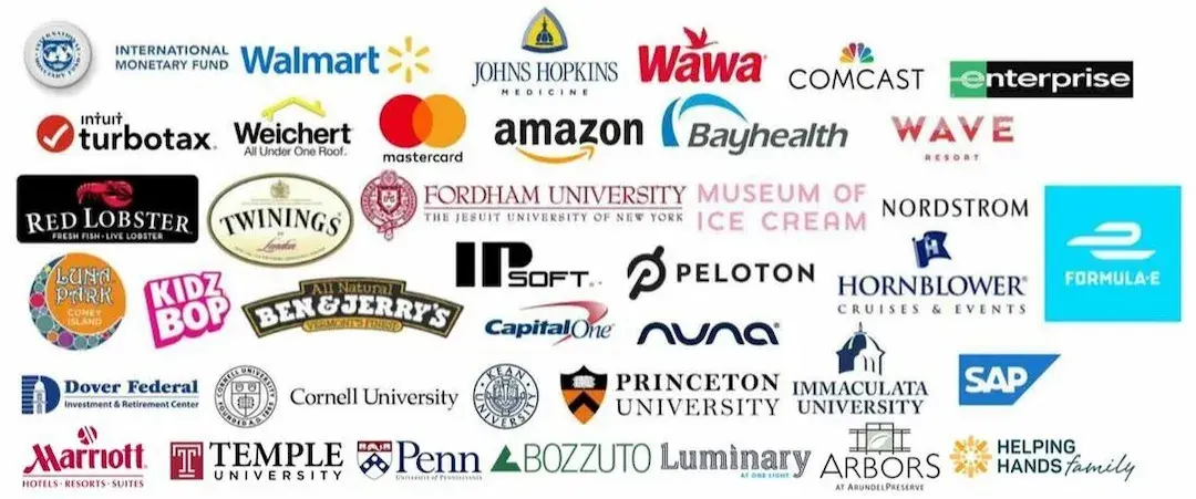 A collage of various company and university logos including Walmart, Johns Hopkins Medicine, Amazon, Mastercard, Ben & Jerry's, Nordstrom, Princeton University, and Marriott.