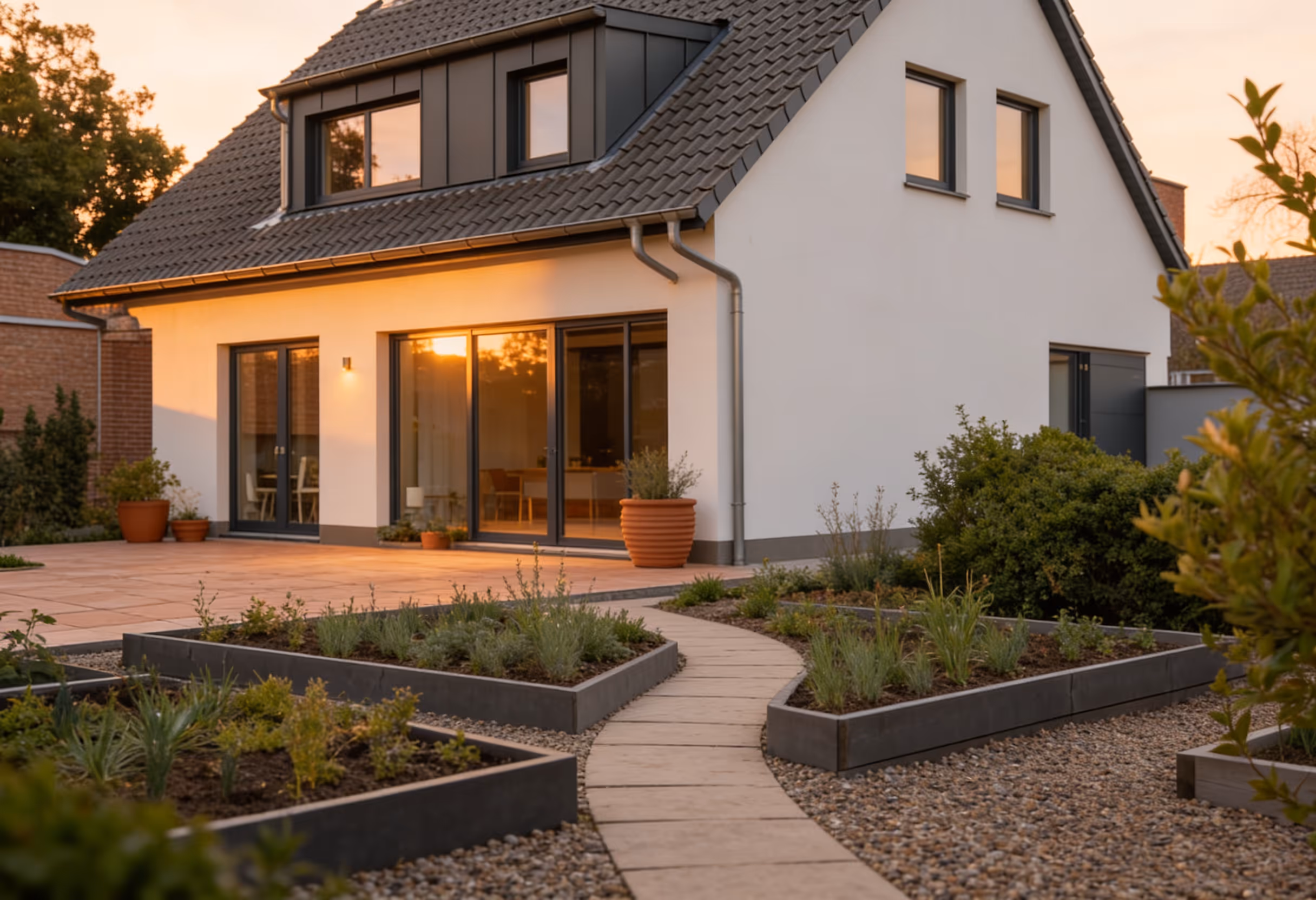 Modernes weißes Einfamilienhaus mit großen Glas-Schiebetüren, grauem Dach und einem gepflegten Garten mit bepflanzten Hochbeeten und einem gewundenen Gehweg.