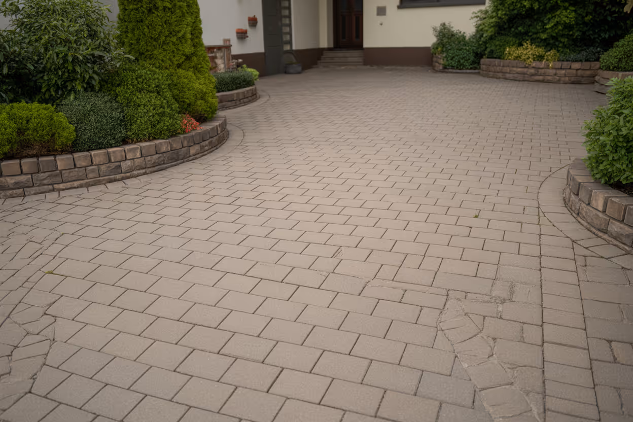 Große gepflasterte Auffahrt mit geschwungenen Steinbeeten und grünen Sträuchern vor einem Hauseingang.