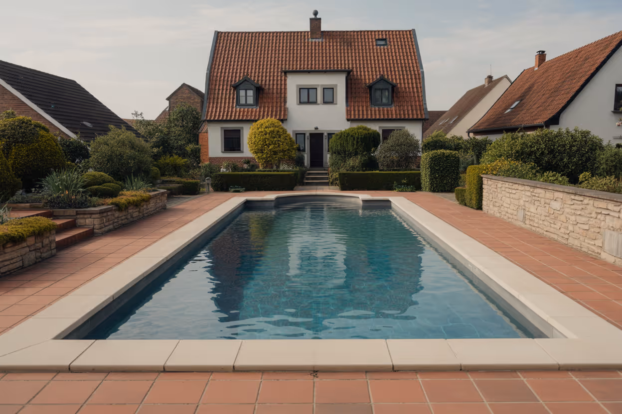 Ein rechteckiger Swimmingpool vor einem zweistöckigen Haus mit rotem Ziegeldach und gepflegtem Garten.