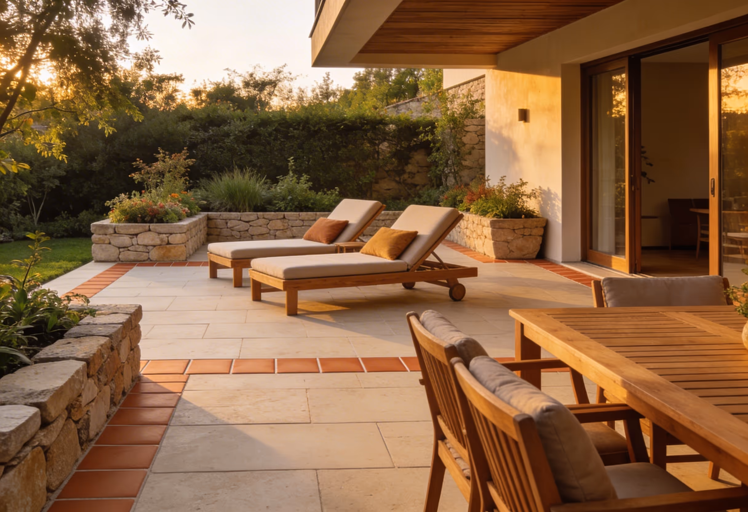 Terrasse mit Holzliegen und Tisch mit Stühlen, umgeben von Pflanzen und beleuchtet vom warmen Licht der Abendsonne.